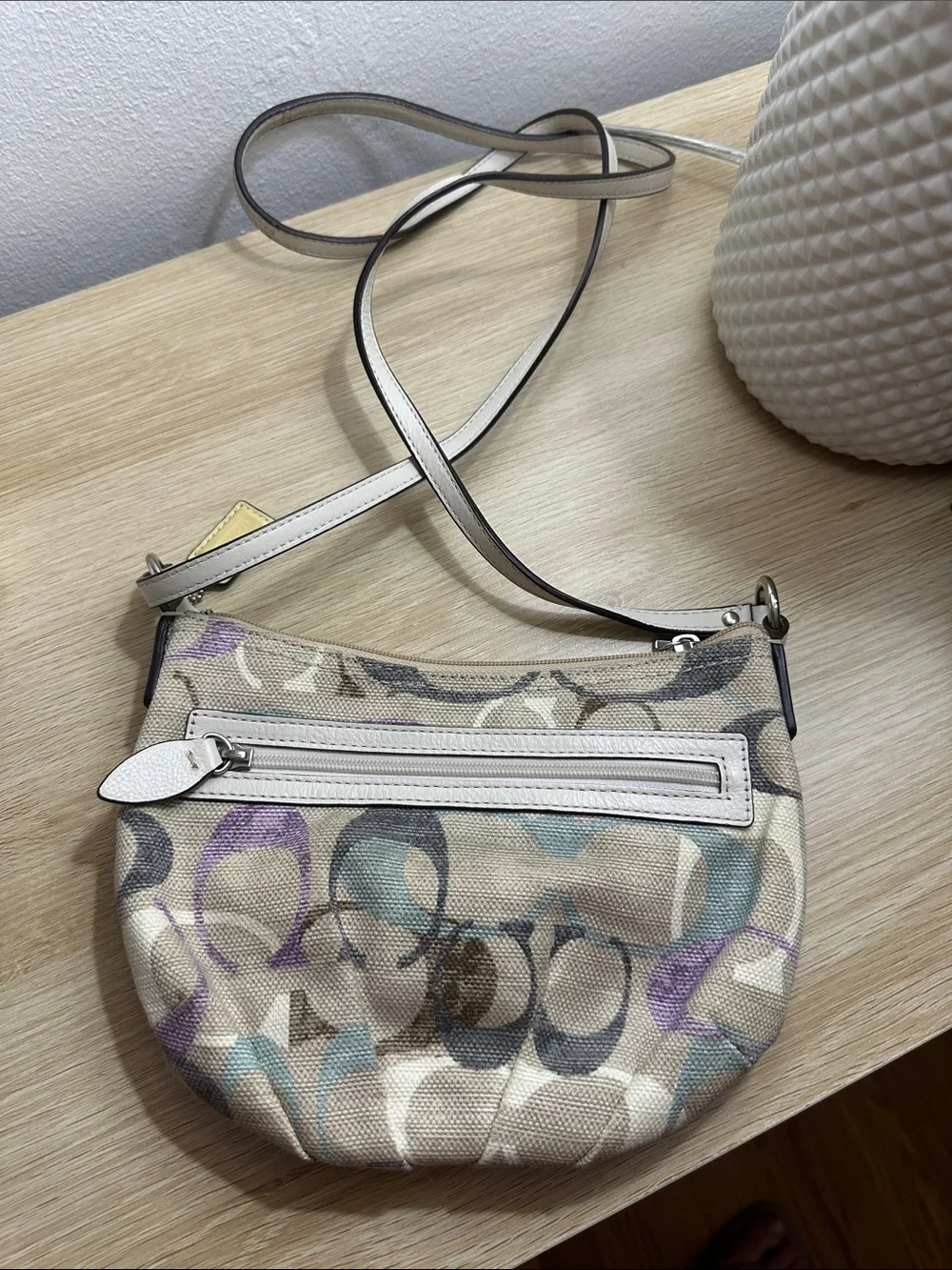 Coach Neutral Canvas Crossbody with Purple and Blue Accents